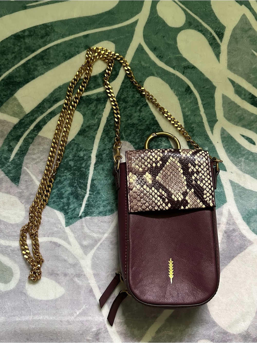 Women's Burgundy Crossbody Phone Bag with Snake-Print Flap